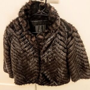 New Without Tag, Black Faux Fur Coat, Cheveron Black & Brown Design, Size Small